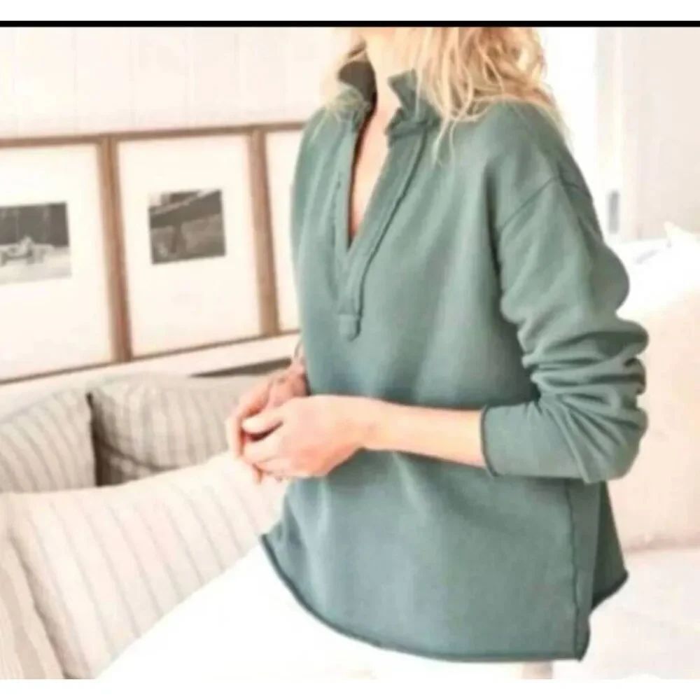 Frank & Eileen Patrick Popover Henley Collared Triple Fleece Sage Green Sz XS